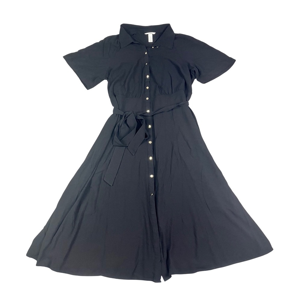 HM Womens Black Button Down Short Sleeve Belted Midi Shirt Dress XXL Casual